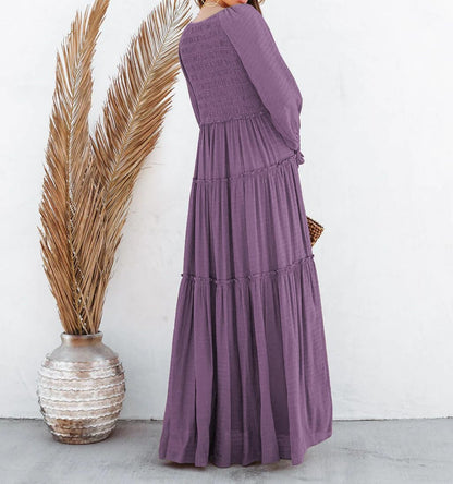 R.Vivimos Maxi Dress for Women Long Sleeve V Neck Empire Waist Layered Ruffle Boho Casual Flowy Long Dresses