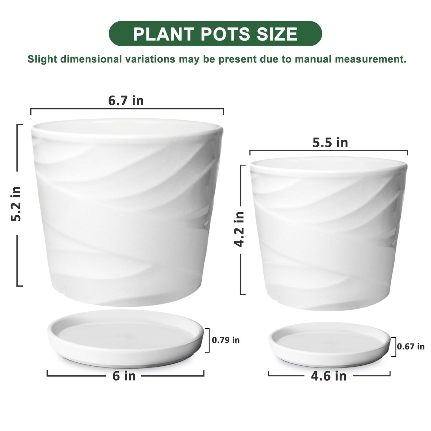 YUFDA 6.7 + 5.5 Inch Plant Pot, Ceramic Planter with Drainage and Saucer,Ceramic Pots for Plants, Indoor Plant pots,Succulent Orchid Flower Pot(Pure White)