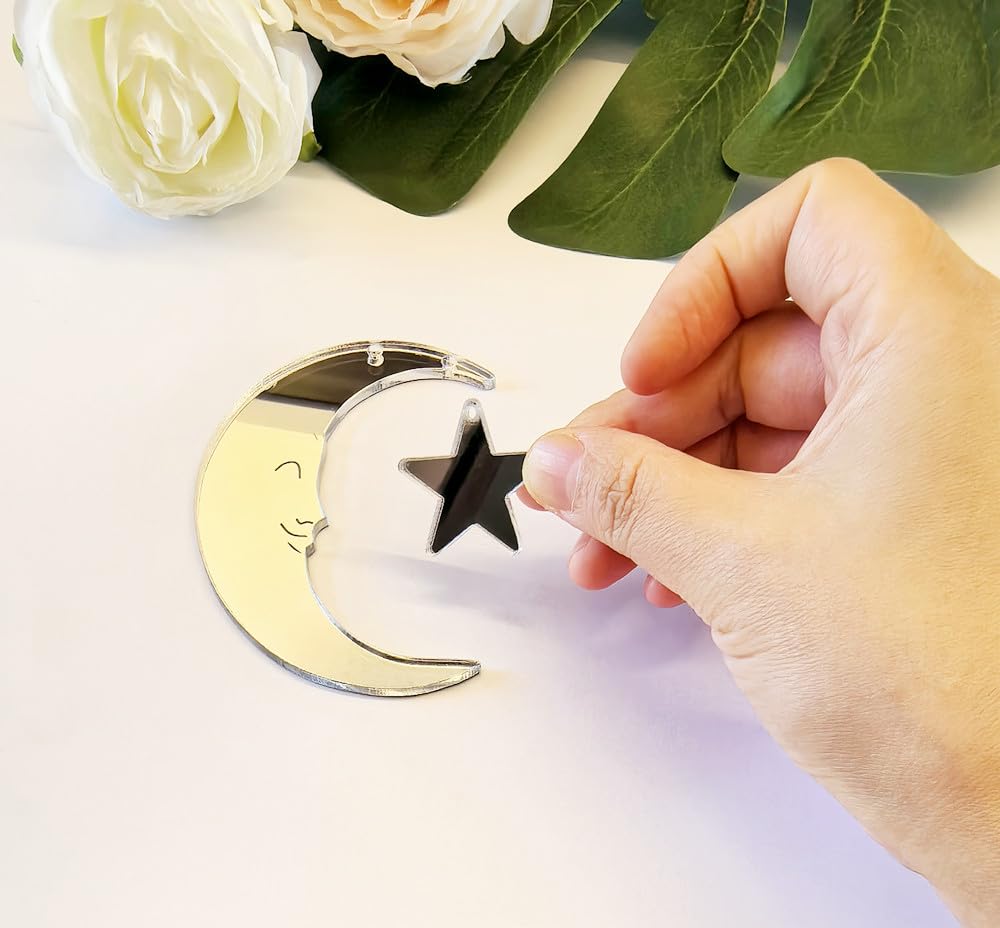 Set of 20 Crescent Moon and Star,Christmas Moon and Star Hanging Ornament for Window &Christmas Tree Decoration (Siver Mirror)