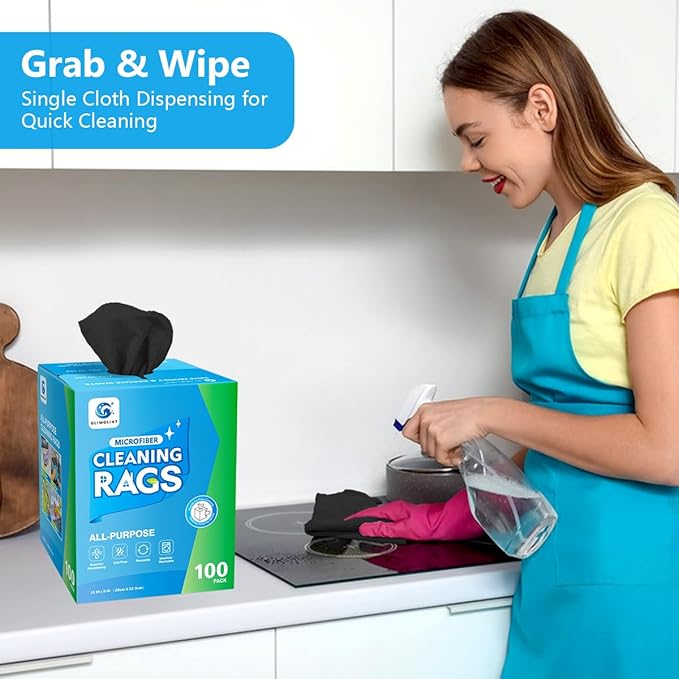 GLIMGLINT Black Microfiber Cleaning Cloth, 100 Pack Cleaning Rags, Ultra