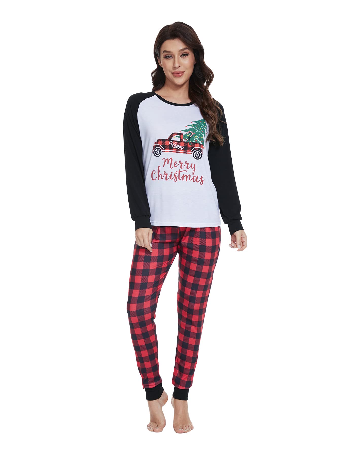 YIJIU Matching Family Pajamas Sets Christmas PJ's Sleepwear Long Sleeve Truck Print Top with Plaid Pants,White Truck,Women-XXL