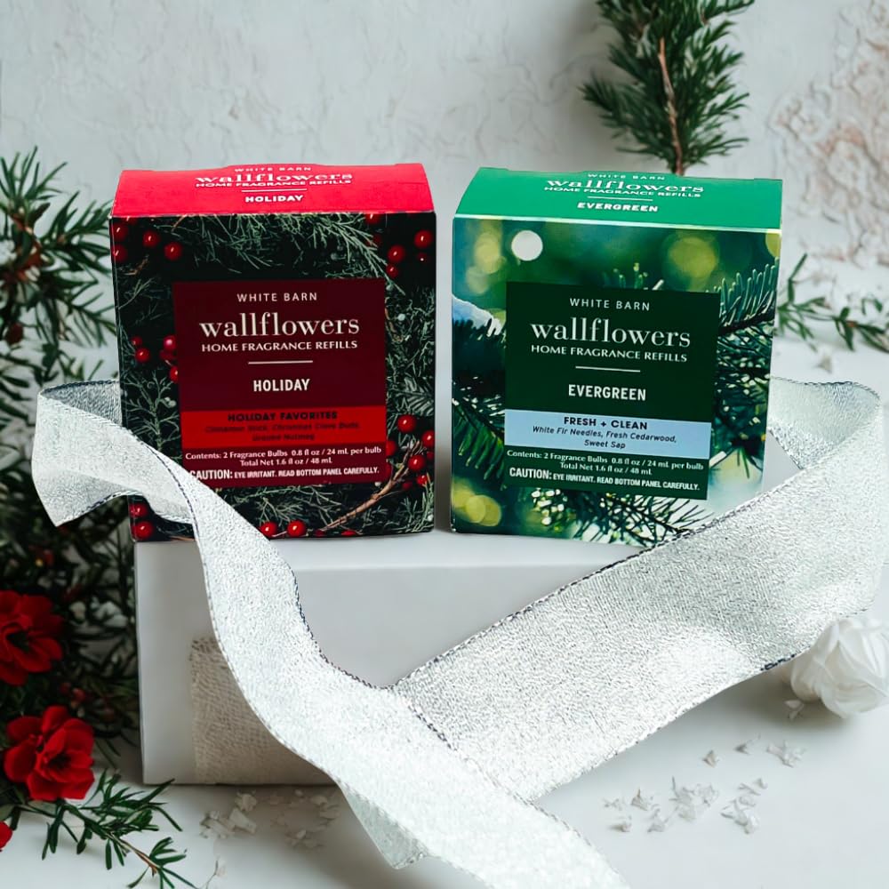 Bath & Body Works HOLIDAY & EVERGREEN Wallflowers Home Fragrance Refill 2pc Bundle Gift Set with 30-Inch Metallic Silver Ribbon Bow – Winter & Christmas Scents - 0.8 fl oz Each