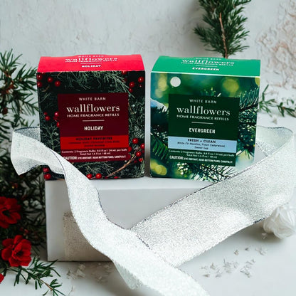 Bath & Body Works HOLIDAY & EVERGREEN Wallflowers Home Fragrance Refill 2pc Bundle Gift Set with 30-Inch Metallic Silver Ribbon Bow – Winter & Christmas Scents - 0.8 fl oz Each