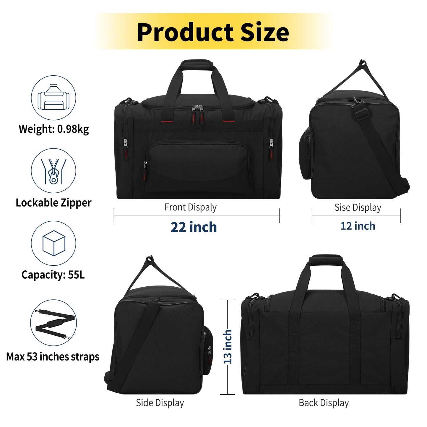 THSOGO 22 inch Gym Bag for Men - 55L Large Travel Duffle Bag Sports Equipment Bag with Multiple Zippered Pockets,Outdoor Workout Duffle Bag for Overnight Weekend - Black