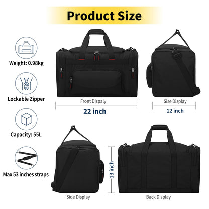THSOGO 22 inch Gym Bag for Men - 55L Large Travel Duffle Bag Sports Equipment Bag with Multiple Zippered Pockets,Outdoor Workout Duffle Bag for Overnight Weekend - Black
