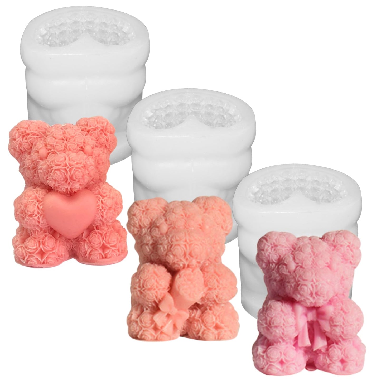 3 Pcs Silicone Fondant Mold Bowtie Rose Bear Silicone Mold 3D Cute Teddy Bear Candle Making Molds Vivid Animal Epoxy Resin Casting Mould for Home Decor