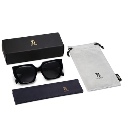 SOJOS Trendy Large Oversized Polarized Sunglasses Womens Big Square Cateye Sunnies, Lentes de sol para mujer SJ2205, All Black