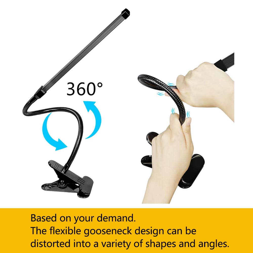 LED Clip Desk Lamp, Reading Light Study Lamp Eye Care Protection With 10 Dimmable Brightness & 3 Light Modes, USB Powered Flexible Gooseneck Clamp For Bed Headboard Table Office Lights, 7W (Black)