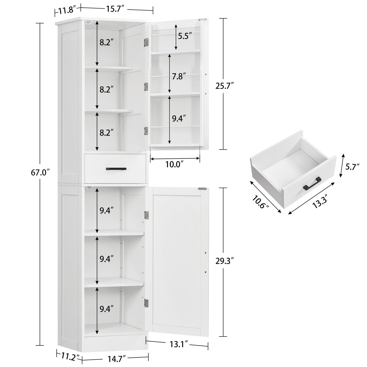 TEENFON Tall Storage Cabinet with 3 Door Shelves & 1 Drawer, Narrow Kitchen Pantry Cabinet for Living Room, Bathroom, Entryway, White
