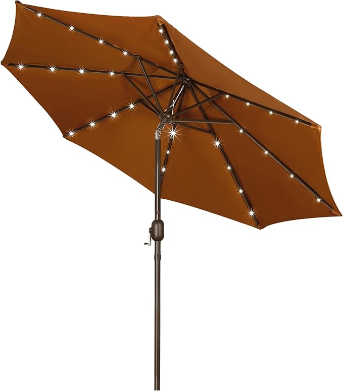Blissun 9 ft Solar Umbrella 32 LED Lighted Patio Umbrella Table Market Umbrella with Tilt and Crank Outdoor Umbrella for Garden, Deck, Backyard, Pool and Beach, Brown