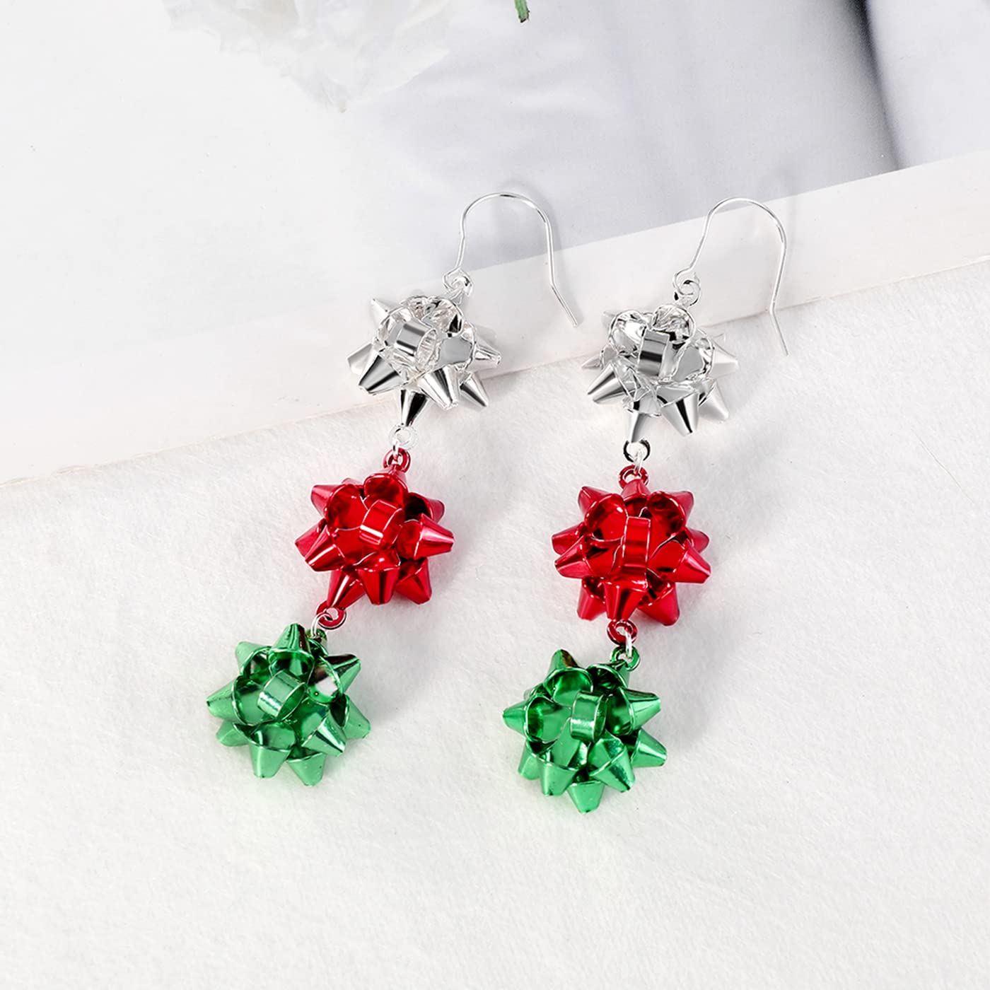 Christmas Earrings for Women, Cute Green Christmas Gift Bow Dangle Earring, Holiday Crazy Party Drop Stud Earrings (Colorful Bow)