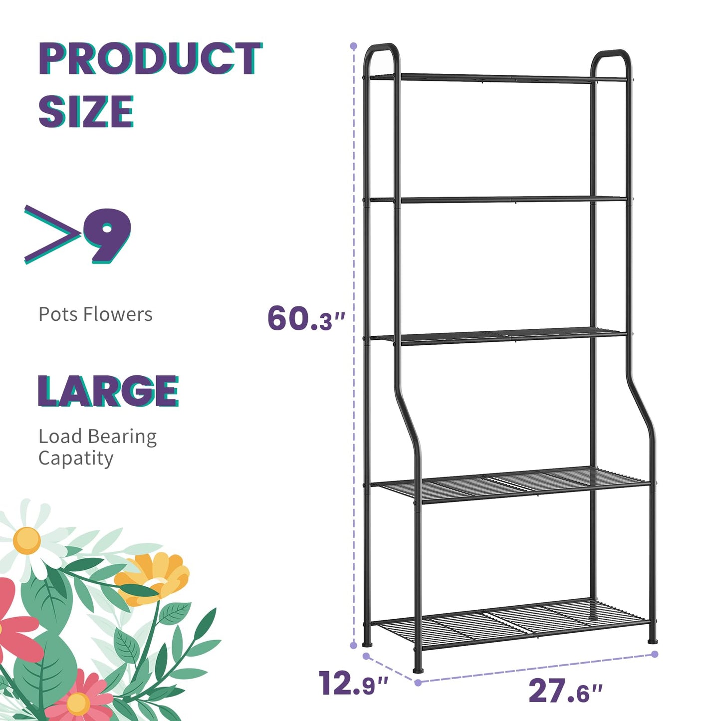 Wieghda 5-Tier Corner Plant Stand, Metal Black Flower Pot Rack, Indoor Outdoor Heavy Duty Shelf (Black, 5 Tier)