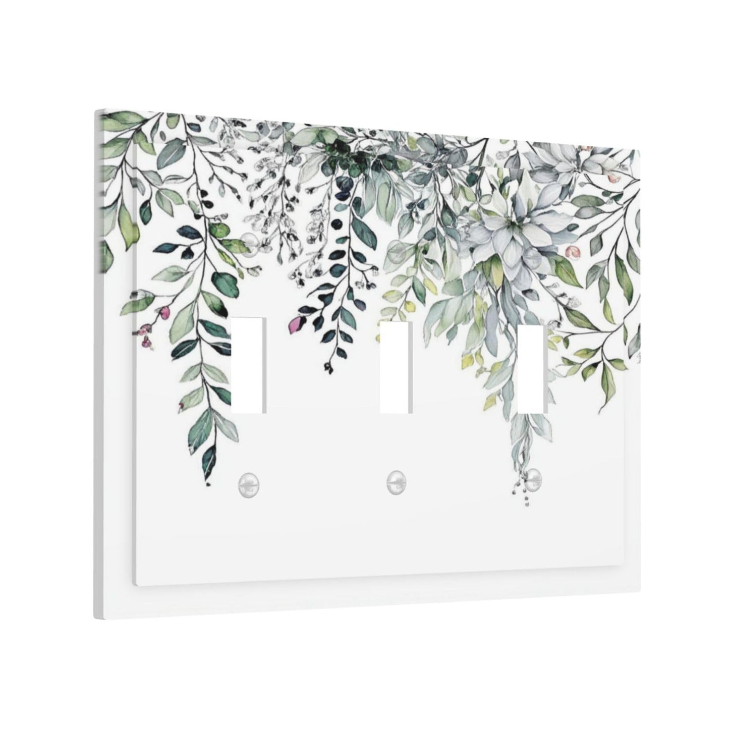 Spshian Decorative Light Switch Cover Plate Rustic Green Sage White Eucalyptus Leaf Leaves 3 Gang Wall Plate Oversized Triple Toggle Switch Cover Plate Jumbo Electrical Face Plate