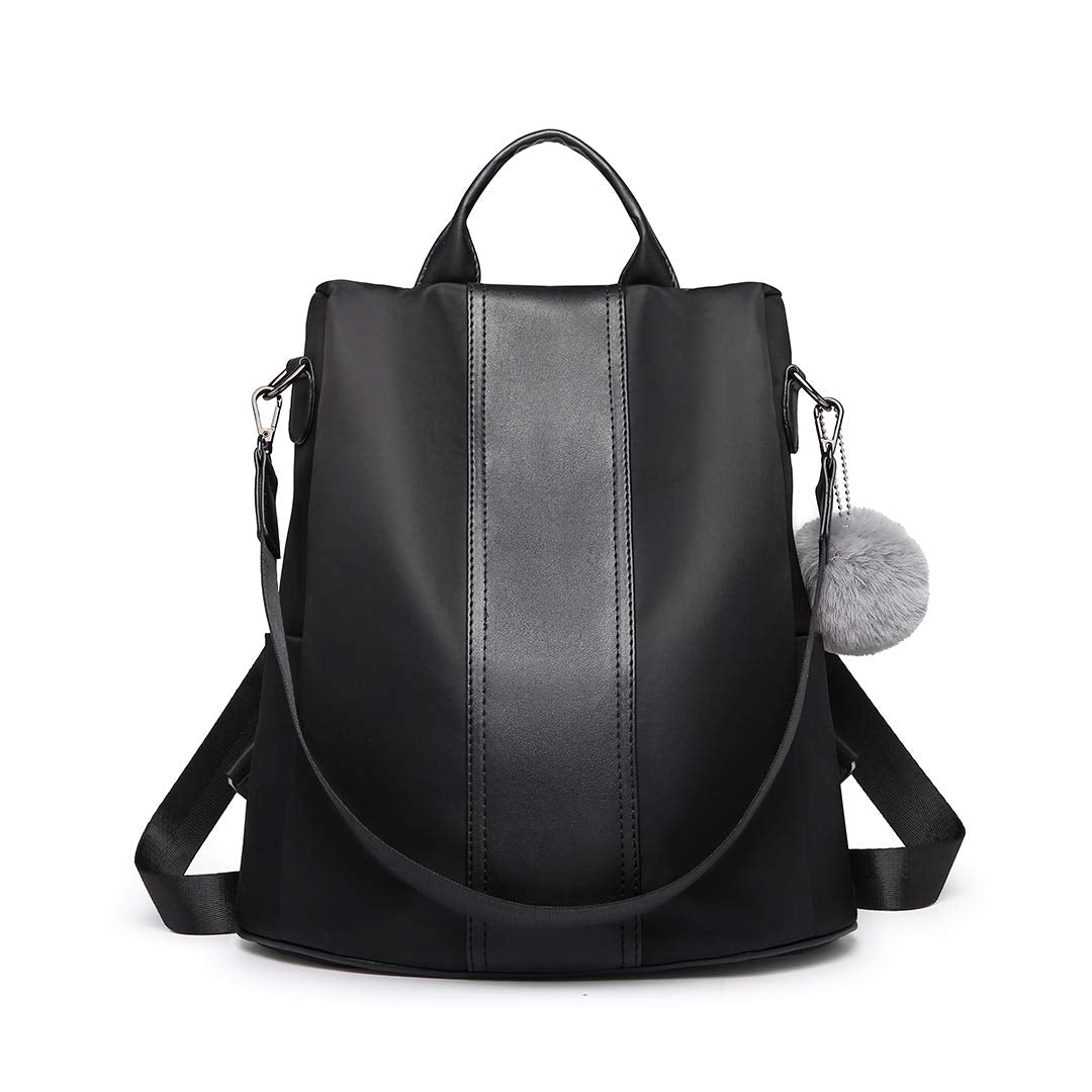 Miss Lulu Anti Theft Backpack for Ladies – Black Waterproof Rucksack School & Work Bag | Womens Backpack Travel Essentials with Pom Pom