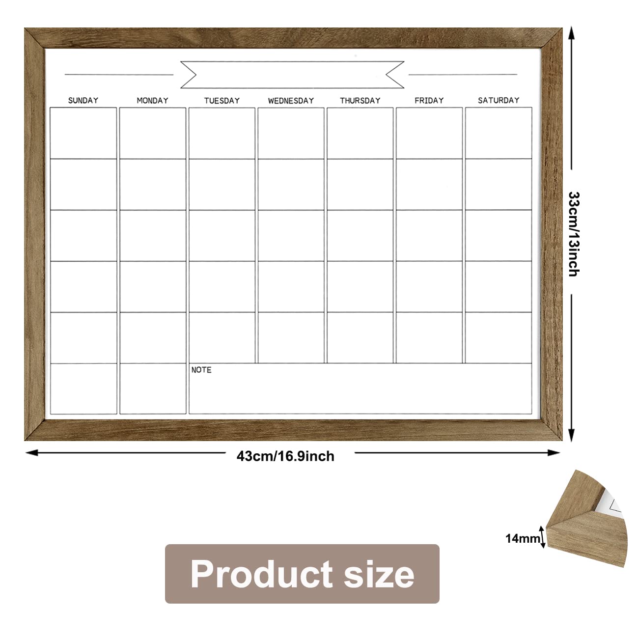 TORASO Dry Erase Monthly Calendar Board, Magnetic Surface Whiteboard for Wall, Office/School/Home, Solid Wood Frame Hanging Board & Planning Board, 13"x 17" (YL-RB-3343-B)