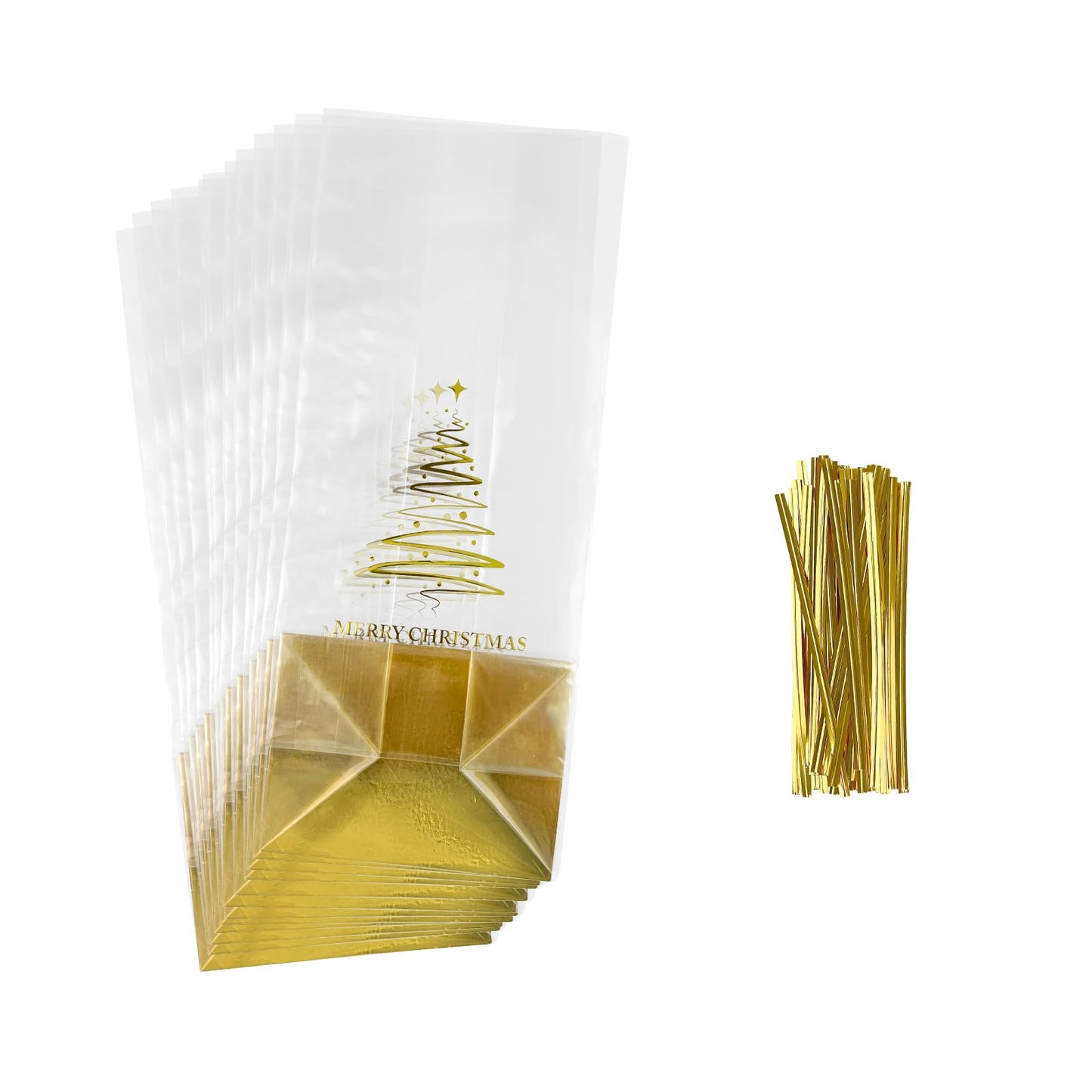 EKAPACKAGING 25 Pcs 4x3x10 Inch Gusseted Cellophane Bags Flat Bottom, Christmas Cookie Bags with Ties, Clear Cello Treat Bags for Smores, Party Favors, and Gifts