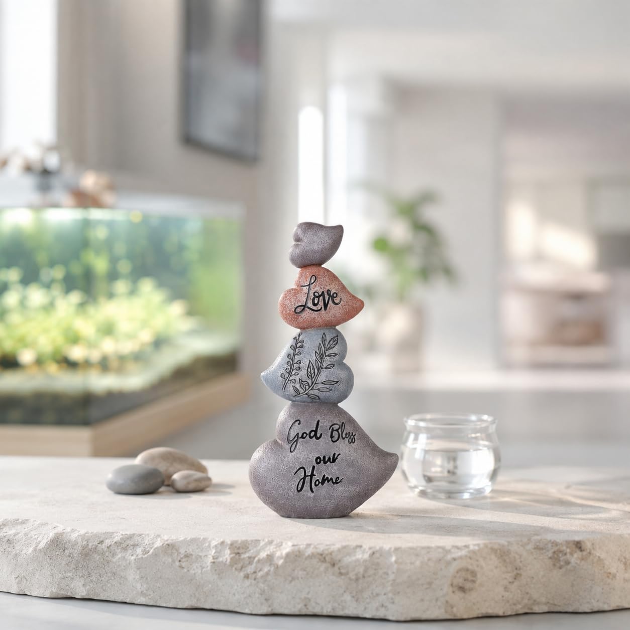 WUBIANJIE Cairn Rock Sculpture Stacked Ornament Decor, Resin Rock Decor for Fish Tank, Terrarium or Shelf, Tabletop Zen Garden Statue, God Bless Our Home Accent