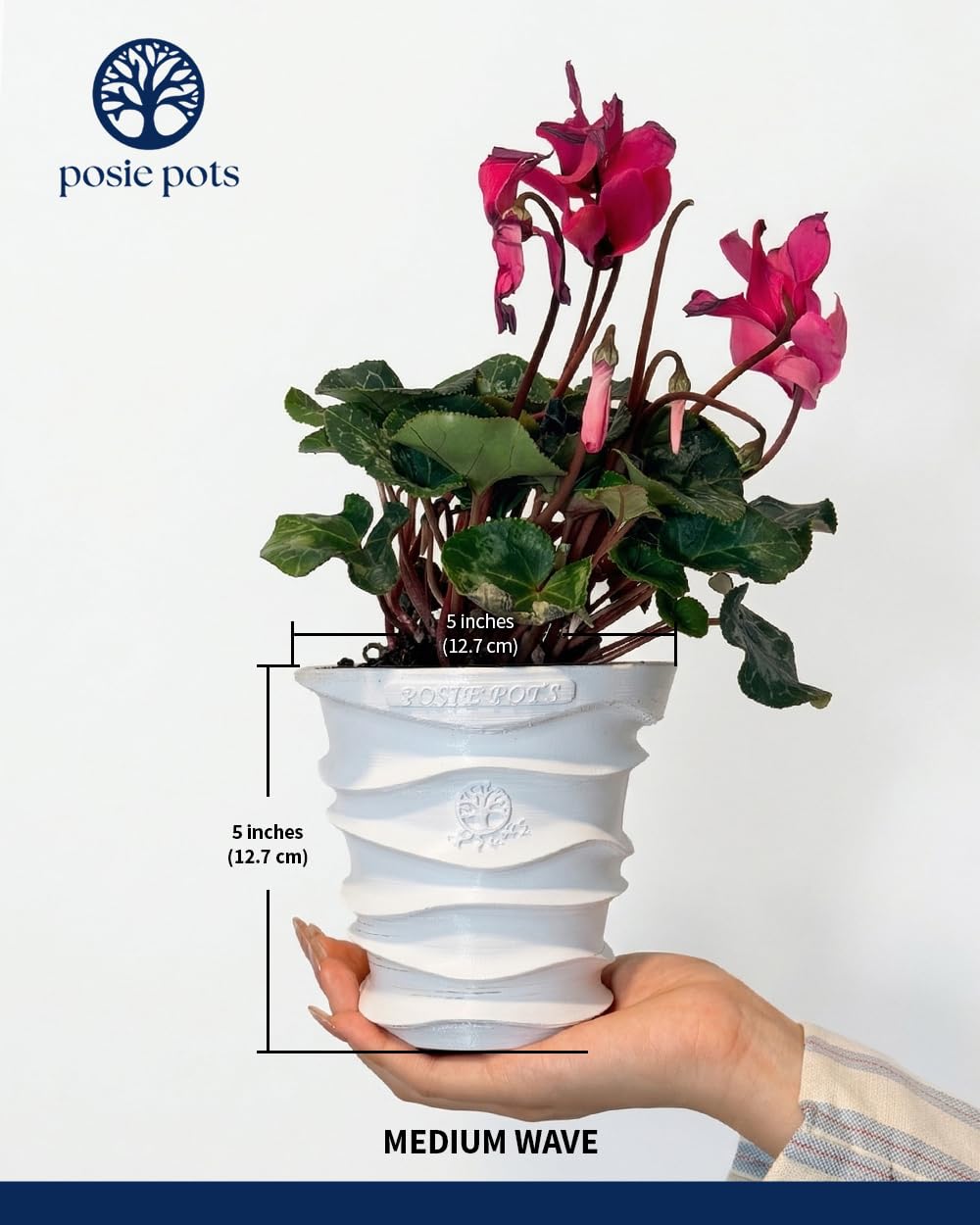 Posie Pot Medium Wave Self Watering Planter for Indoor Plants - 5x5 Inch Patented Pot with 10X Water Reservoir - Modern 3D Printed Desk Planter - Root Rot Free - Eco Friendly, Made in USA, White