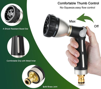 FANHAO Hose Pipe Spray Gun High Pressure, Heavy Duty Metal Garden Hose Gun with 8 Spray Patterns, Thumb Control, On Off Valve for Garden Watering, Car and Pet Washing