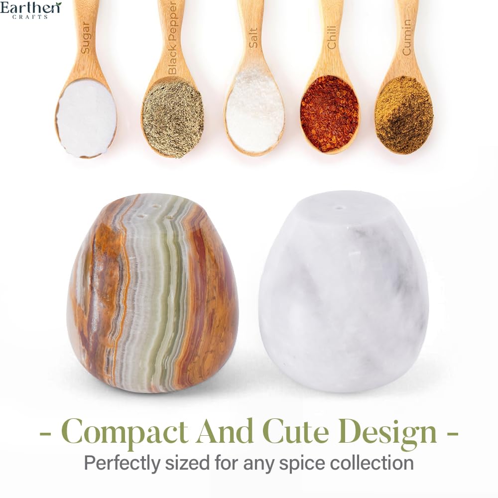 Earthen Crafts Marble Salt and Pepper Shakers Set of 2 Green Onyx & White 2.3" Inches Salt & Pepper Storage Container, Spice Dispenser for Dining Table Countertop Accessory, Kitchen, Home, Restaurant