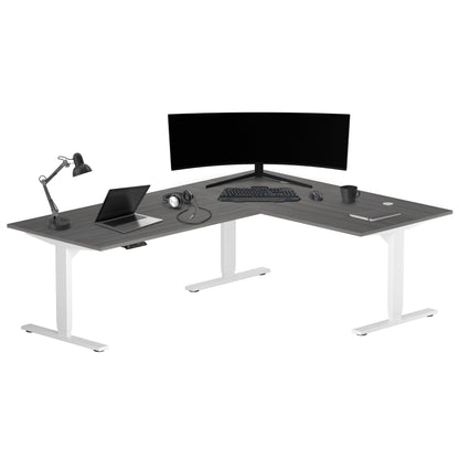 Progressive Desk Electric Stand Up Height Adjustable Standing Desk - L Shaped 78" x 60" Corner Table Computer Rising Workstation - White Frame, Gray Oak