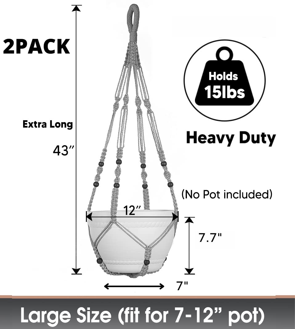 Shineloha 2 Pack 43 Inches Macrame Planter Hanger Large for 12 inch Pot + Swag Hook (Extra Long & Big) | Large Hanging Planter for Indoor Plants | No Tassel, Cotton Rope, No Pot/Plant Included