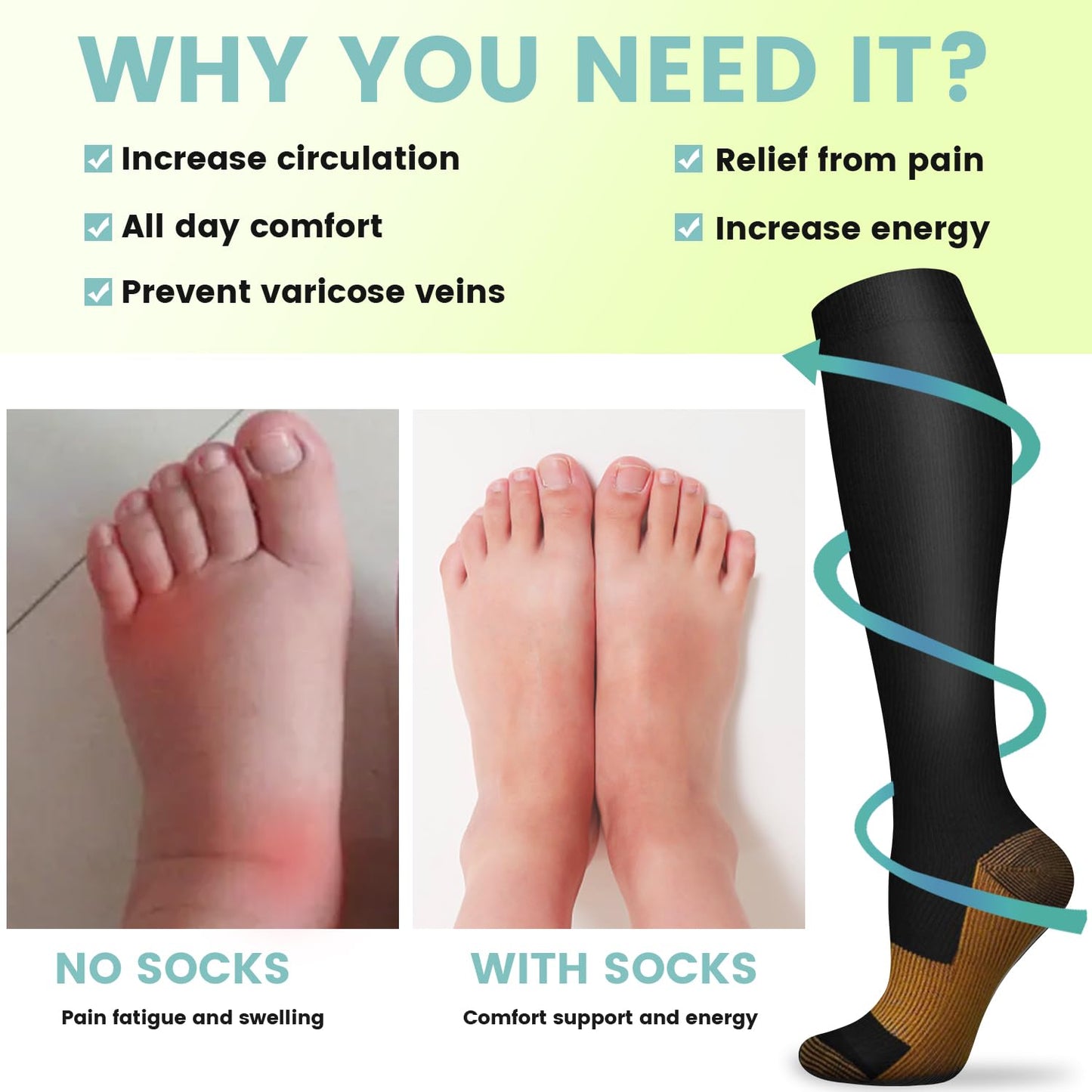 Iseasoo Copper Compression Socks For Men & Women Circulation-Best For Running Hiking Cycling 15-20 mmHg