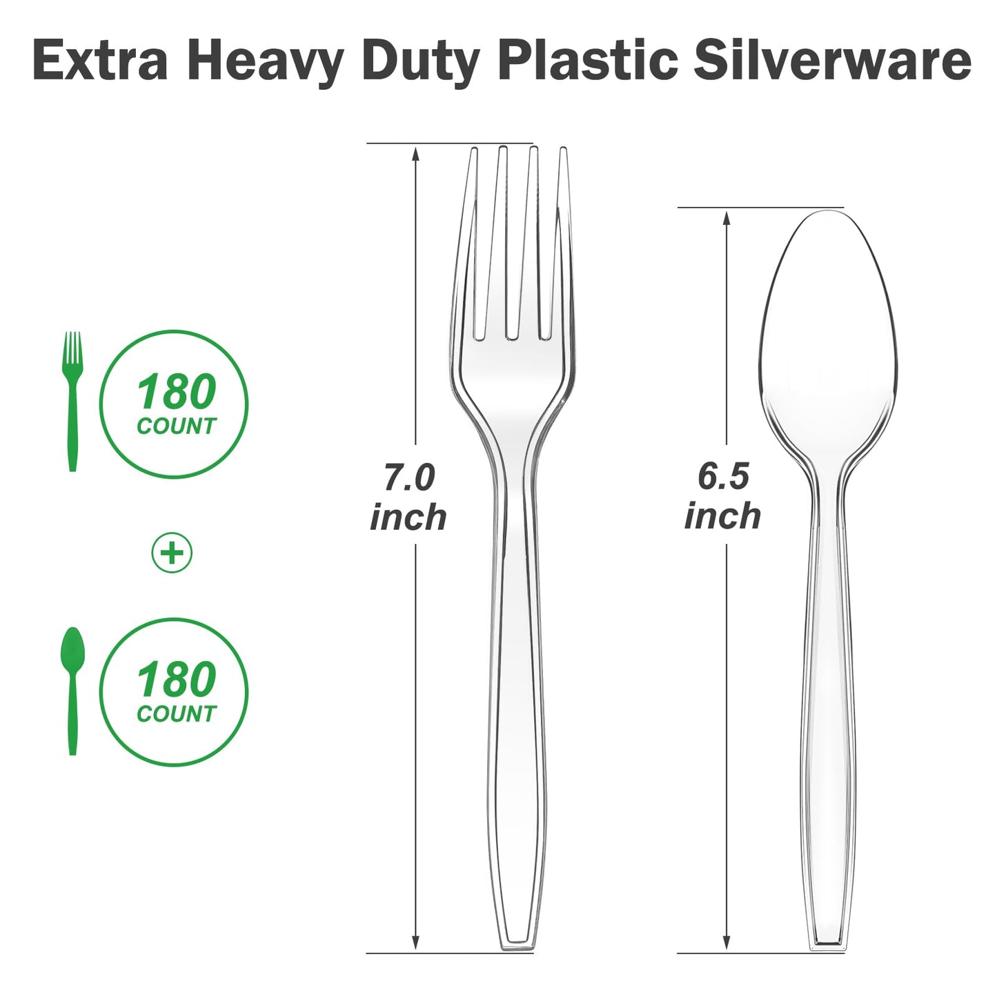 Dealusy 360 Count Extra Heavy Duty Clear Plastic Forks and Spoons, 180 Forks & 180 Spoons, Heat Resistant, Disposable Plastic Silverware Set