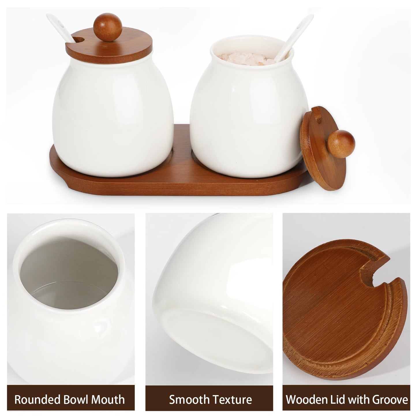 Sailench Ceramic Sugar Bowl Set of 2, Sugar Bowl with Lid and Spoon,Sugar Jar Container Set for Coffee Bar Kitchen Home (2, White)