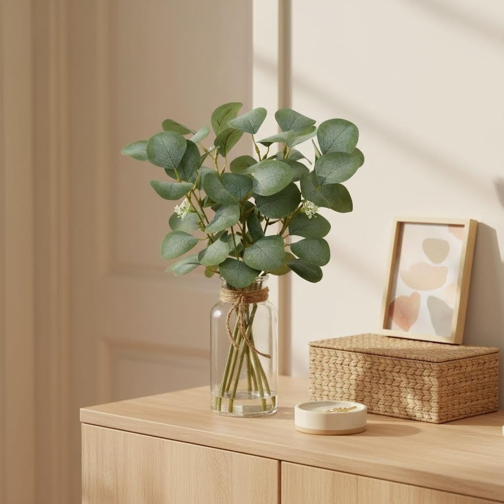 Briful Artificial Eucalyptus Stems in Glass Vase with Faux Water, 14" Fake Plant Eucalyptus Leaves for Home Bathroom Office Farmhouse Wedding Centerpiece Décor