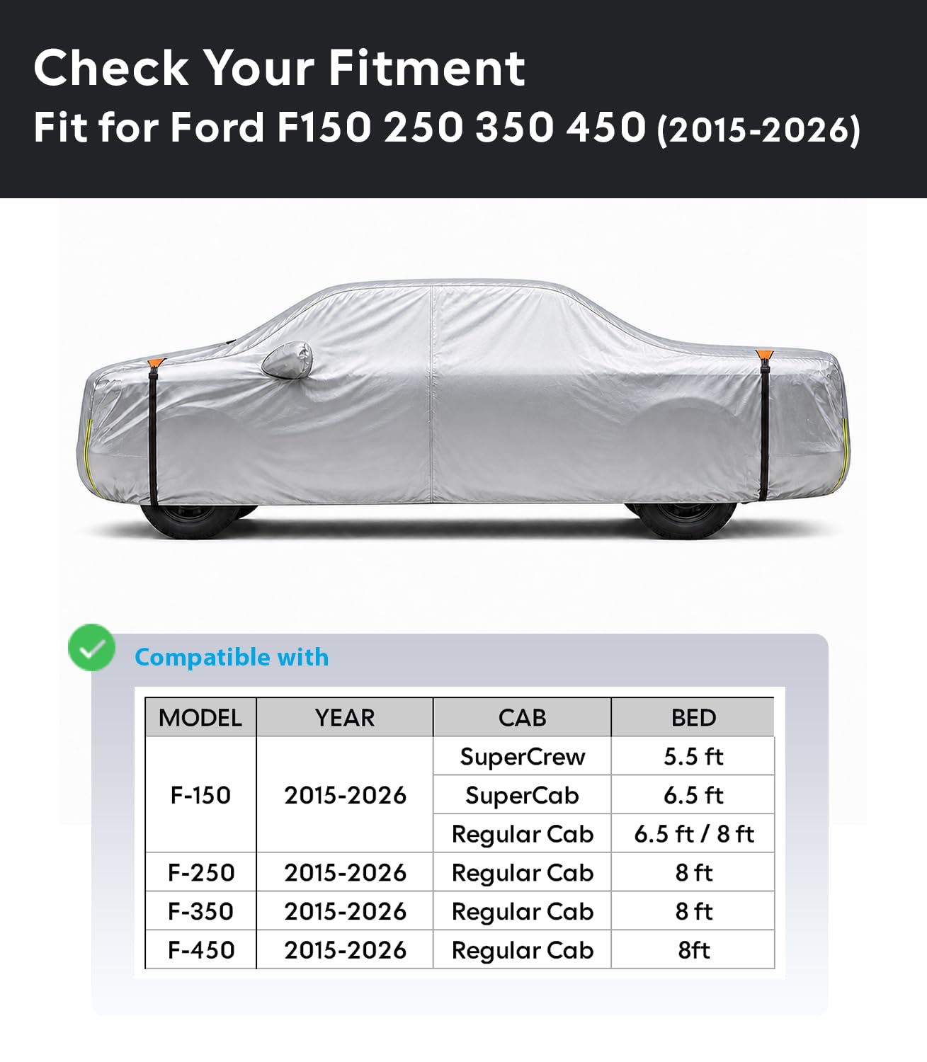 Wigoo Ford F150 F250 F350 F450 Truck Car Cover Accessories 2015-2026, Waterproof All Weather Outdoor Full Pickup Cover, Windproof UV Rain Snow Dust Protection, Door Zipper, Reflective Safety Strips