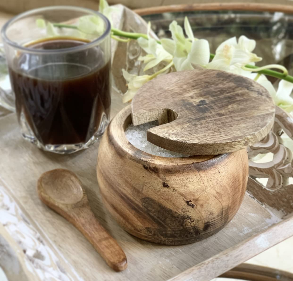 Decorative Rustic Wooden Sugar Bowl & Spoon With Lid Wide Mouth Candy Treat Jar Spice Jar Holder Condiment Nuts Serving Bowl Pot Salt Spice Herb Loose Leaf Tea Storage Container Novelty Home & Kitchen