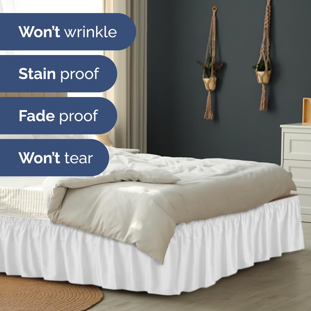 Wrap Around Dust Ruffle Bed Skirt - White - for Queen Size Beds with 15 Inch Drop - Easy Fit Elastic Strap - Adjustable Pleated Bedskirt w/Brushed Fabric - Wrinkle Free - for Women, Men, Kids & Teens