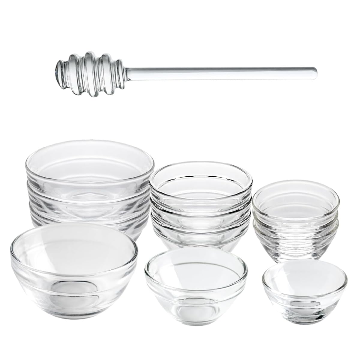 1 Pack Glass Honey Dipper, 6 Inches Clear Drizzler for Honeypot, Honeycomb Spoon Mixing Stirrer + 3 Sizes of Glass Prep Bowl Sets, Small Pinch Bowls for Salt, Spices, 1.5oz/2.5oz/3.5oz, Set of 12