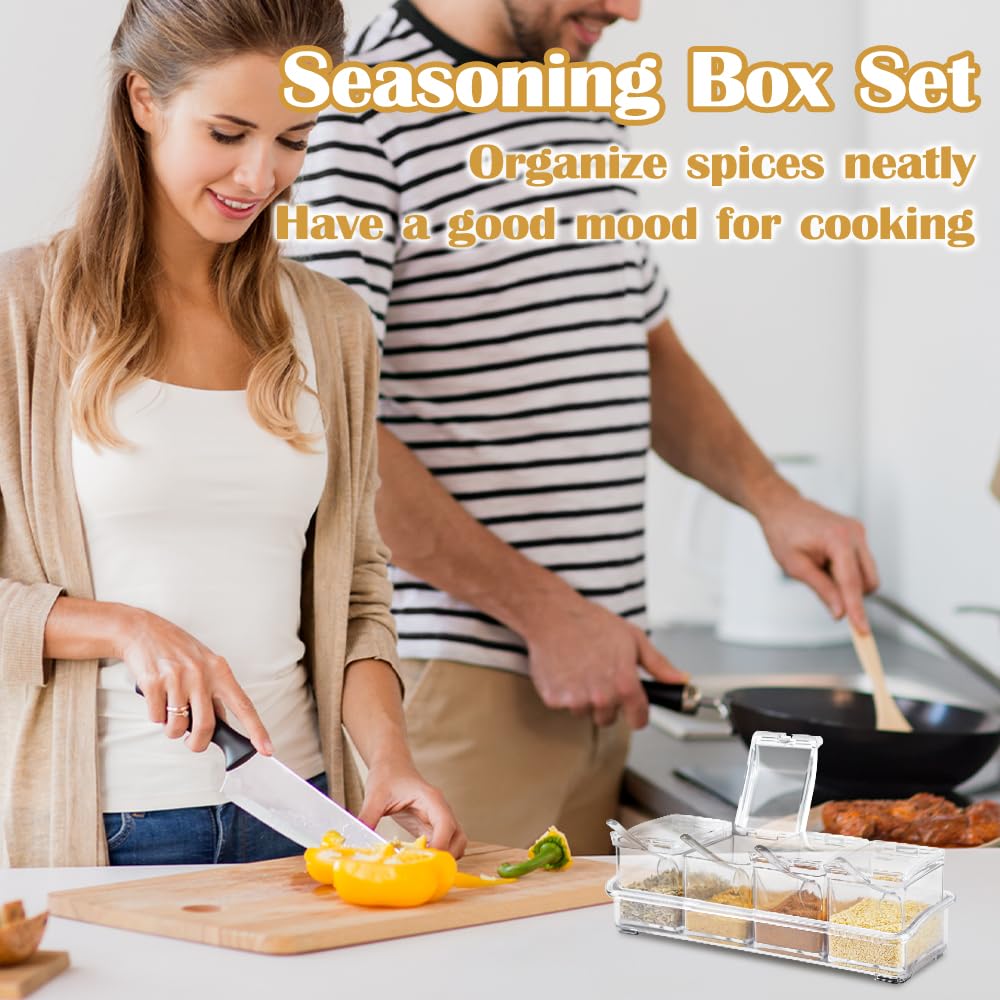 SHAIDOJIO Clear Seasoning Box, 8 Pcs Spice Storage Pots Condiment Container Boxes with Lids and Spoons, Seasoning Rack Spice Jar, Kitchen Seasoning Organizer for Salt, Sugar, Cocoa, Ice Cream Toppings