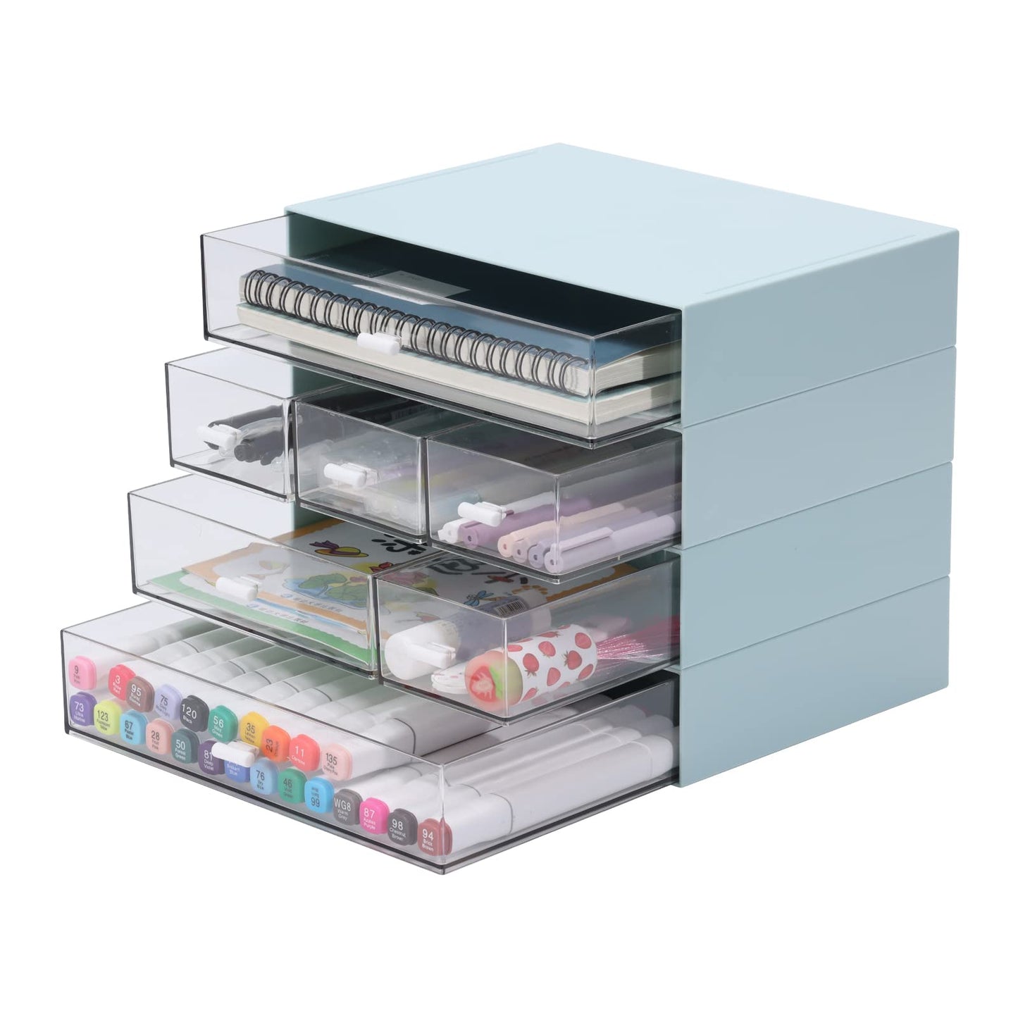 OSteed Desk Craft Organizer and Storage with 7 Flat Drawers, Stackable Plastic Desktop Accessories & Workspace Organizer for Office Stationary, Makeup Skincare, Sanitation Supplies, Blue