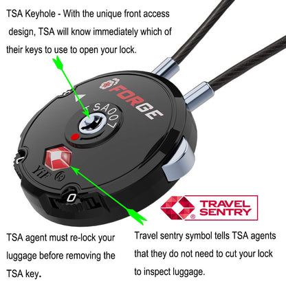 Forge Quality TSA Approved Luggage Locks for Travel Accessories, Suitcase, Pelican case, Ammo Boxes, Set Your own Combination, Zinc Alloy Body-Cable Black 2 Locks