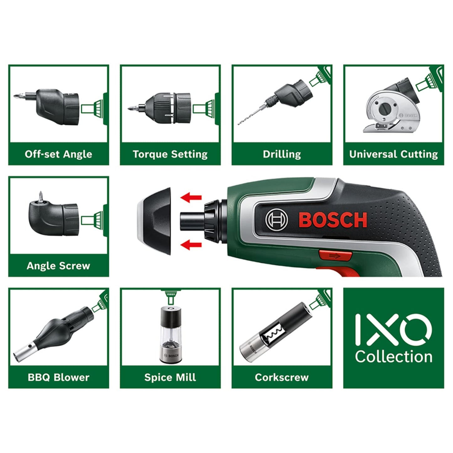Bosch Home and Garden Compact Cordless Screwdriver IXO (7th Generation; 3.6V; 2.0Ah; 5.5Nm; Set incl. Angle-Screw and Off-Set Angle Attachments; with Micro-USB Cable; in Storage Box)
