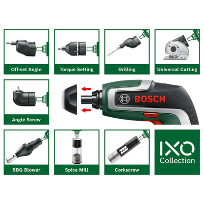 Bosch Home and Garden Compact Cordless Screwdriver IXO (7th Generation; 3.6V; 2.0Ah; 5.5Nm; Set incl. Angle-Screw and Off-Set Angle Attachments; with Micro-USB Cable; in Storage Box)