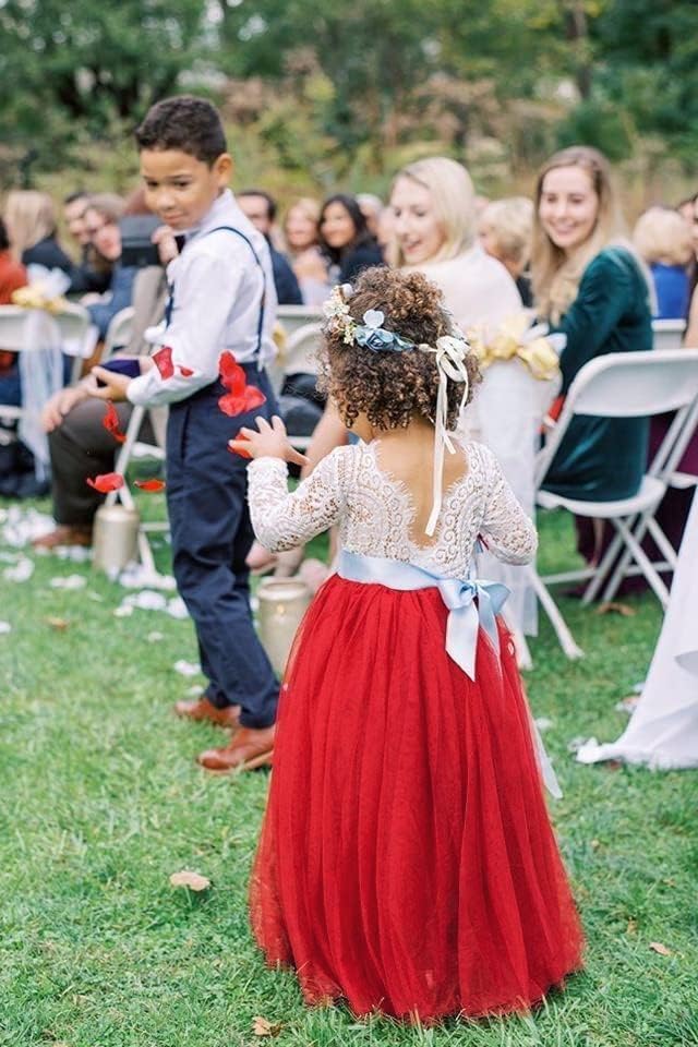 Girl Toddler Full-Length Straight Tulle Tutu Lace Back Party Flower Girl Dress (6-7 Year, Sleeve-Wine red)