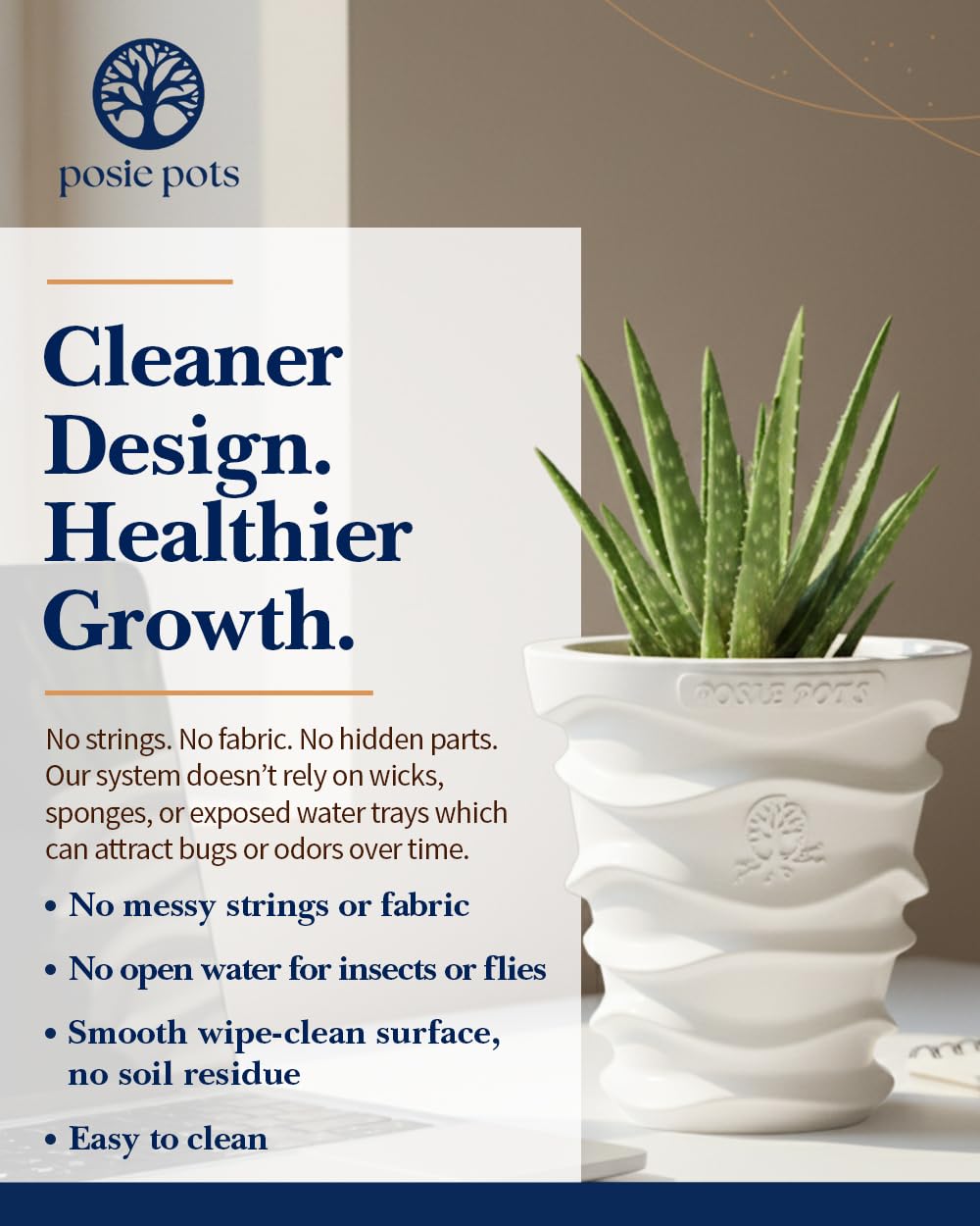 Posie Pot Medium Wave Self Watering Planter for Indoor Plants - 5x5 Inch Patented Pot with 10X Water Reservoir - Modern 3D Printed Desk Planter - Root Rot Free - Eco Friendly, Made in USA, White