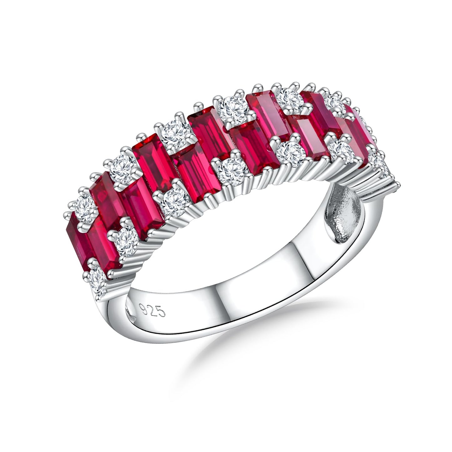 RANDES Cubic Zirconia Band Rings for Women 3 Carat Emerald Cut Engagement Ring Eternity Band Sterling Silver Ruby Ring Baguette Anniversary Rings Size 6