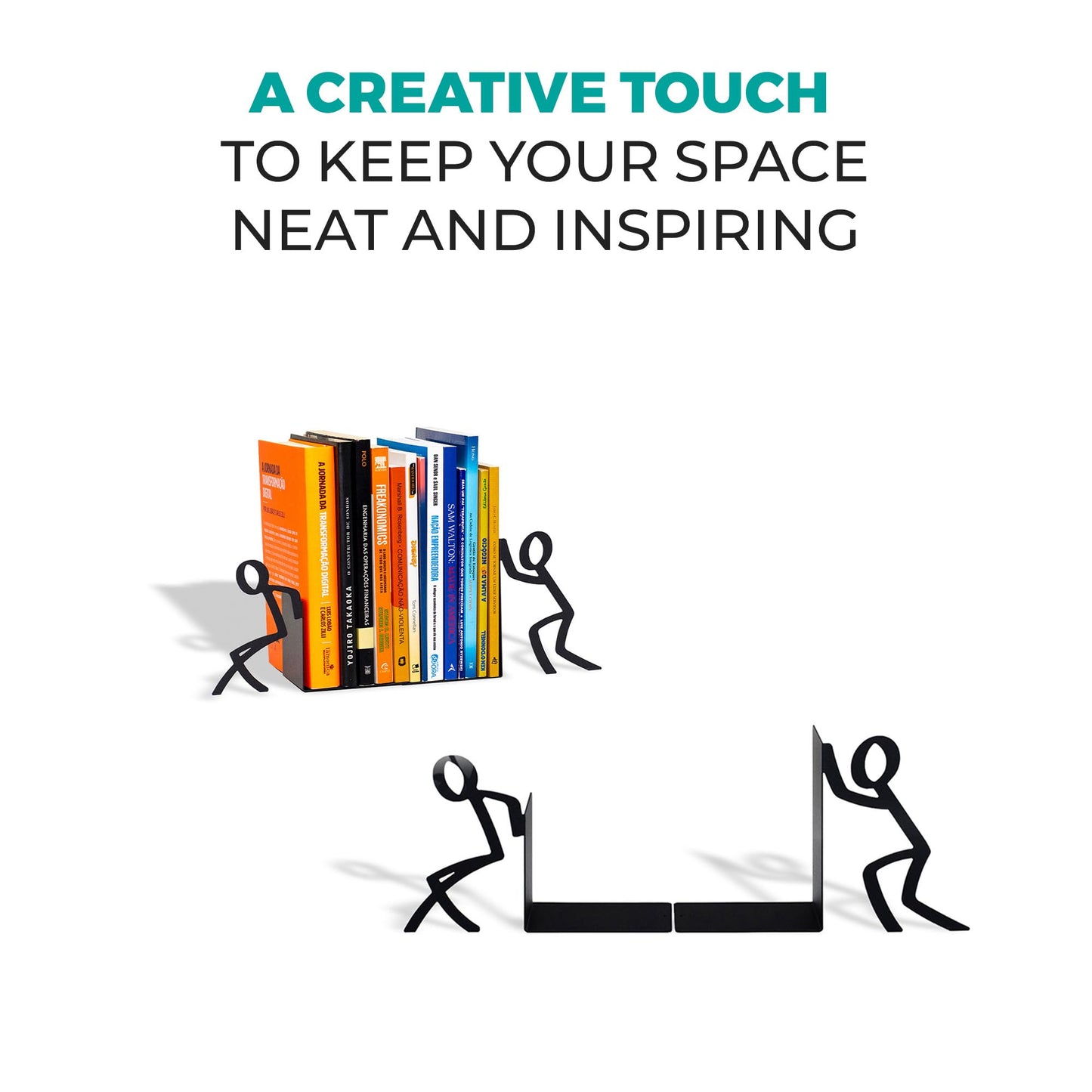 Figurine Bookends with Book-Holding Characters - Steel with Epoxy Coating - Decorative Pair of Book Holders for Shelves, Desk, and Office - Black – Geguton