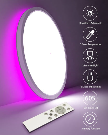 30CM LED Ceiling Light Dimmable, 24W 3200LM Bathroom Lights Ceiling with Remote Control, RGB Color Changing, 3000-6500K, Timer & Memory, Round Flush Ceiling Lamp for Bedroom Living Room Kitchen