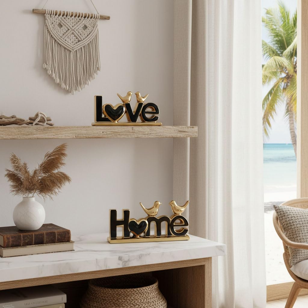 GAOSHENG Ceramic Love & Home Sign Decor with Bird Statues Set 2,10" Modern Black Gold Tabletop Sculptures for TV Stand,Floating Shelf & Entryway,Romantic Wedding & Warm Housewarming Gift Set (Black)
