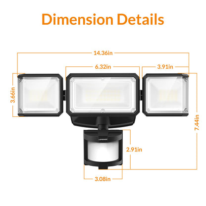 LEPOWER Battery Powered LED Flood Light Outdoor,1500LM Motion Sensor Security Lights,5000K, IP65 Waterproof,Wireless Flood Light Battery Operated,3 Head Motion Detector Lights for Garage,Yard,Porch