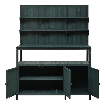 Merax Outdoor Potting Bench Table with Hutch, 50.2" Fir Wood Garden Workstation, Large Countertop, 2 Shelves, 2 Cabinets, 3 Side Hooks, Wooden Gardening Planting Table for Backyard, Patio, Green