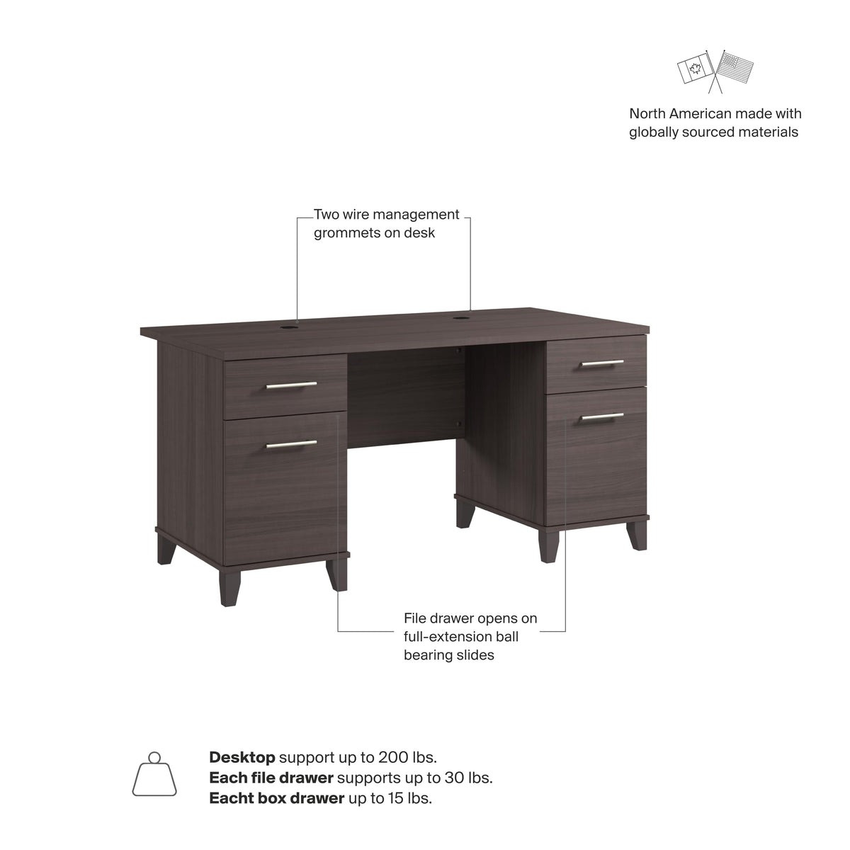 Bush Home 60-Inch Office Desk with Drawers, Computer Desk with File and Box Drawers, Home Office Workstation with Storage Cabinet, Writing Desk Furniture, Somerset Collection, Storm Gray