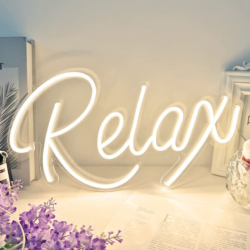 Relax Neon Sign Unique Art Ornaments with Dimmable Switch, 5V USB Powered Cool Neon Relax Signs for Wall Decor, Bedroom, Living Room, Bathroom Decoration Valentine's Day SPA Decor (Warm White)