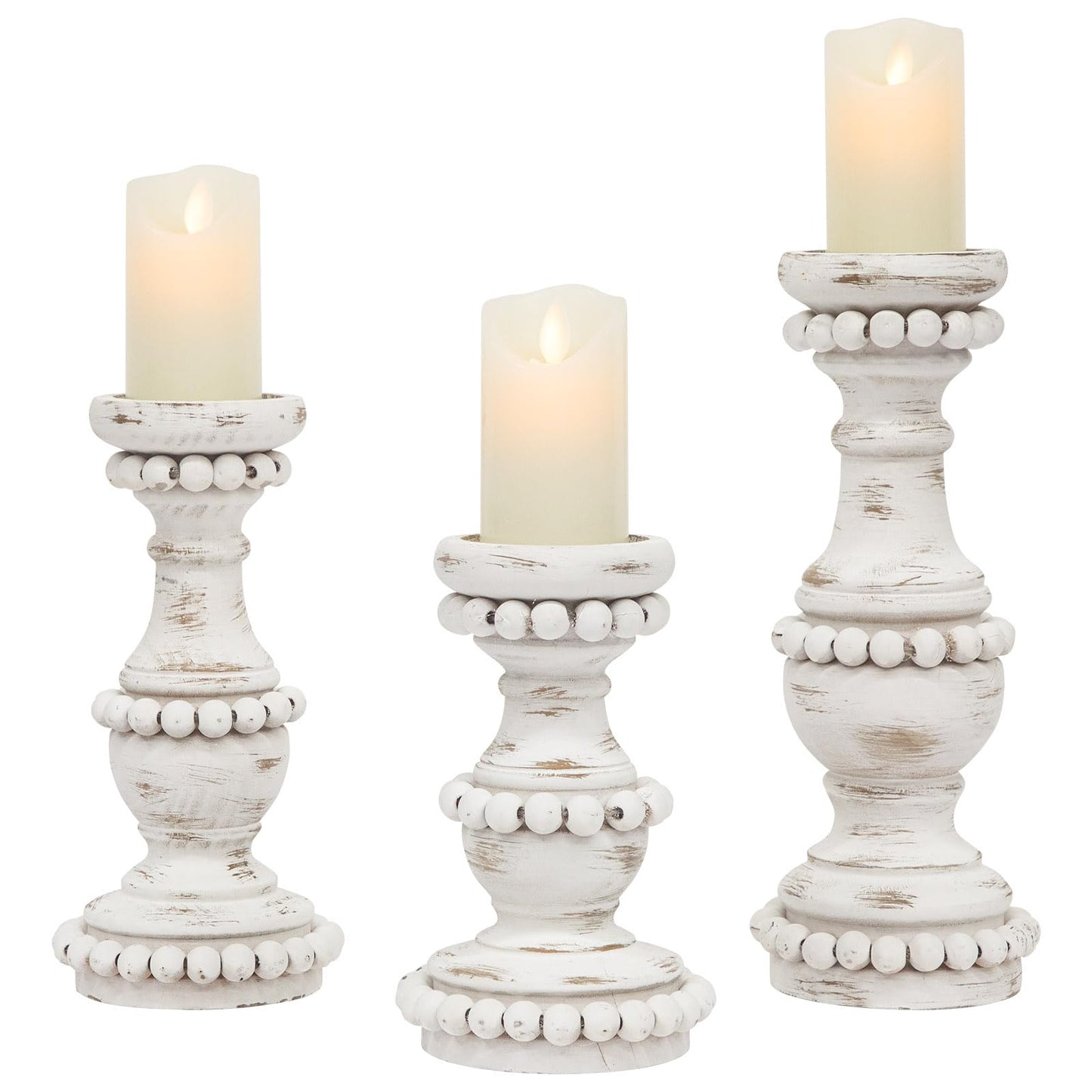 JUMBO DECOR Farmhouse Large Candle Holders for Pillar Candles, Rustic Wooden Beaded Candle Holder, Perfect for Table Centerpieces, Coffee Table or Fireplace Mantel, 3 Piece Set (White)